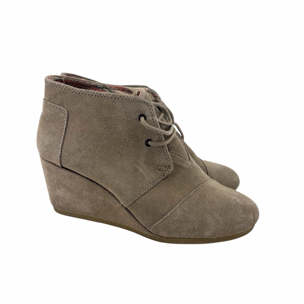 TOMS Taupe Suede Wedge Booties Lace-Up Ankle Boots Women’s Size 8.5